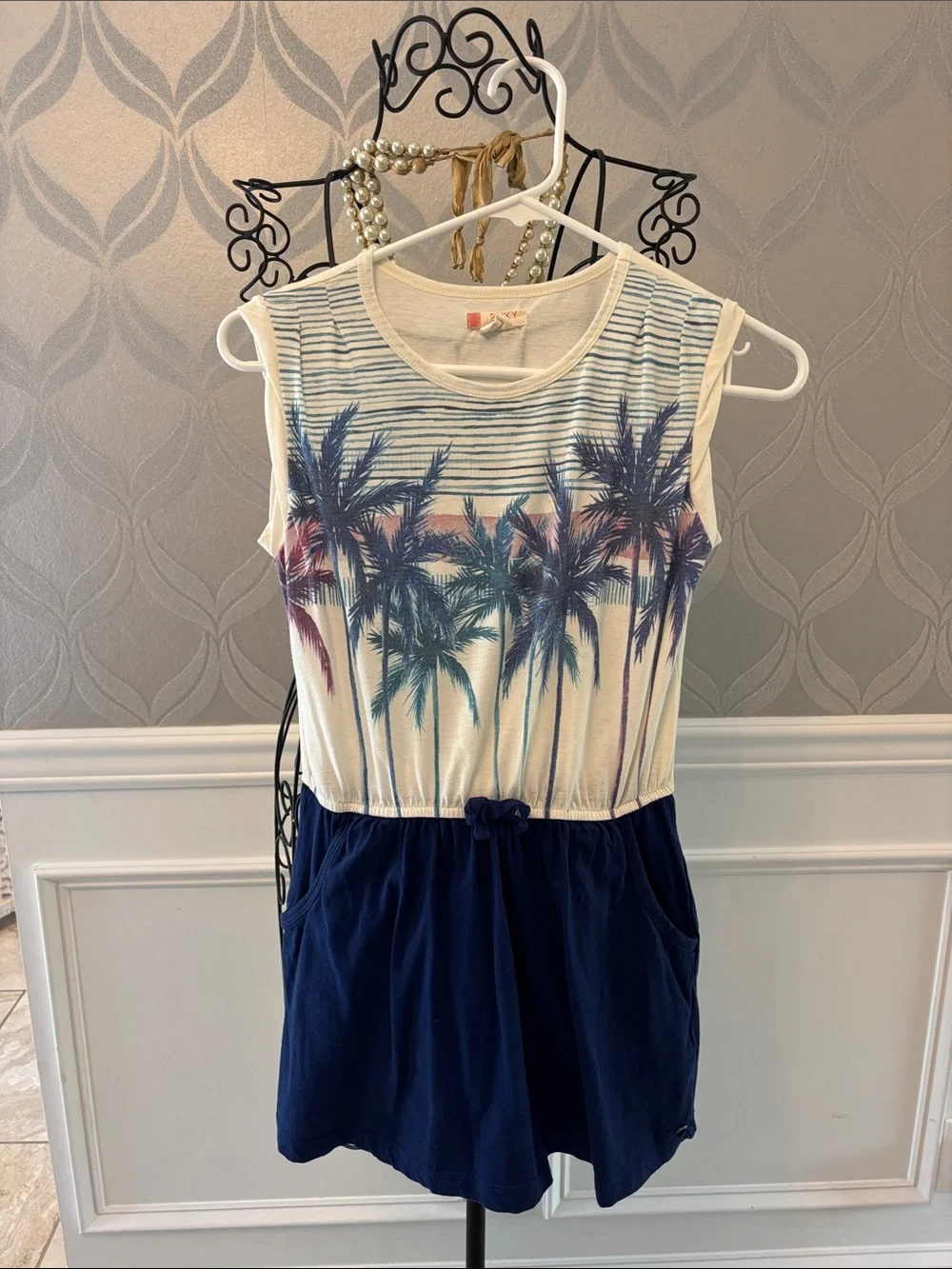 Roxy Navy and Cream Palm-Print Girls Romper